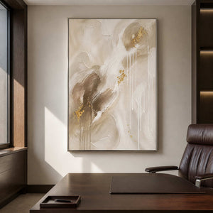 Taupe and ivory textured artwork in a walnut private office.