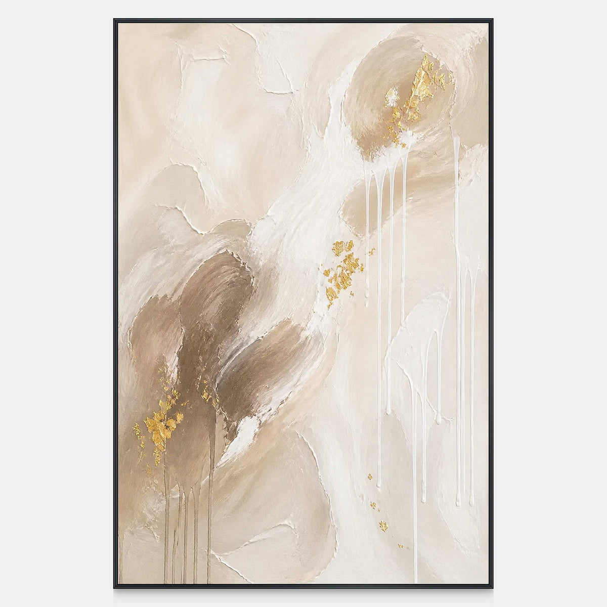 Vertical abstract canvas with rising taupe, stone, ivory, and gold forms.
