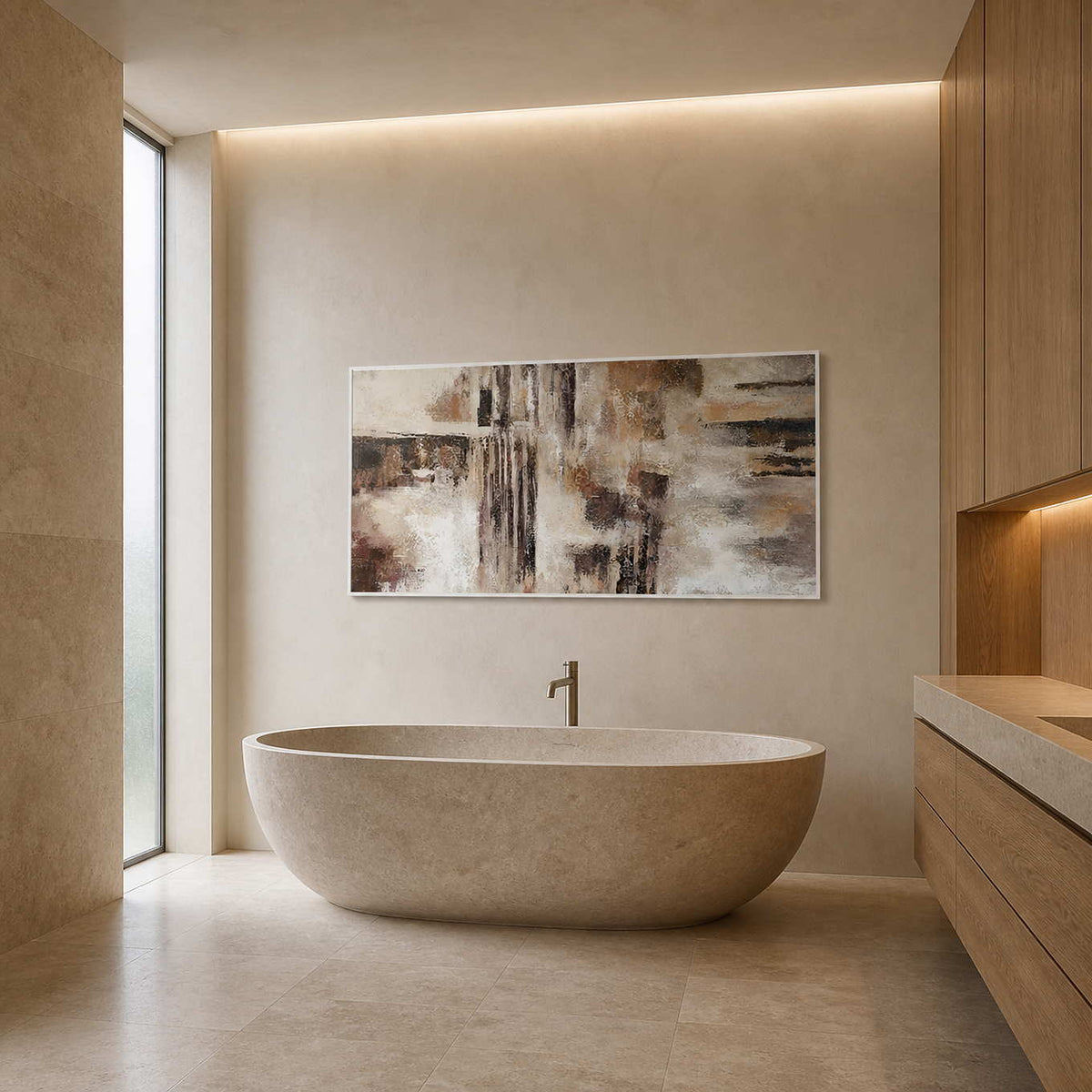 Textured abstract wall art displayed in a warm stone bathroom.