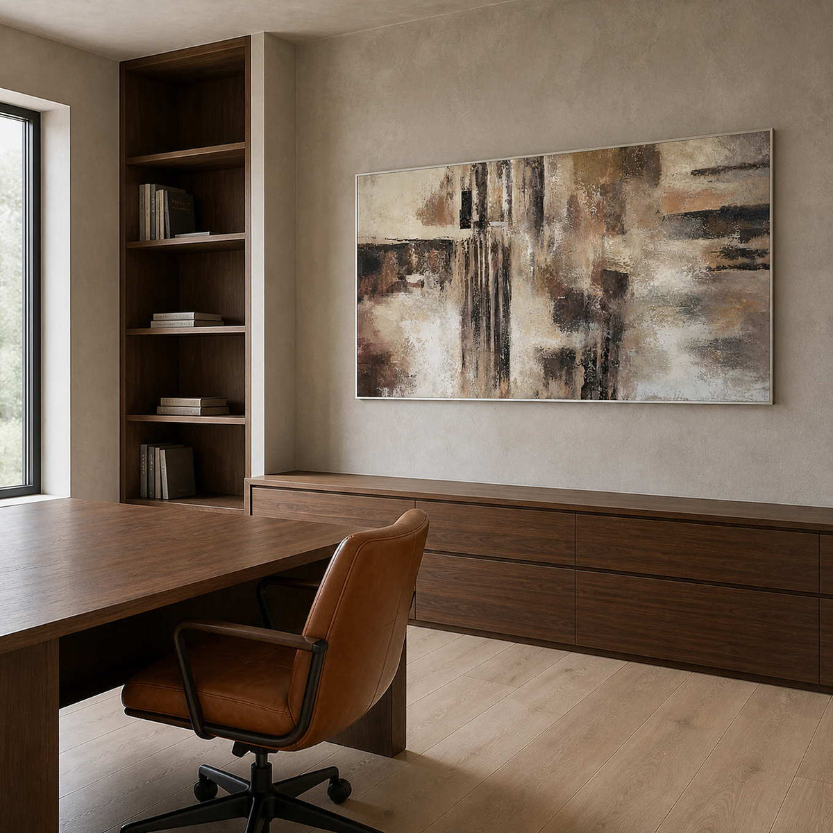 Textured abstract wall art displayed in a contemporary home office.