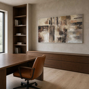 Textured abstract wall art displayed in a contemporary home office.