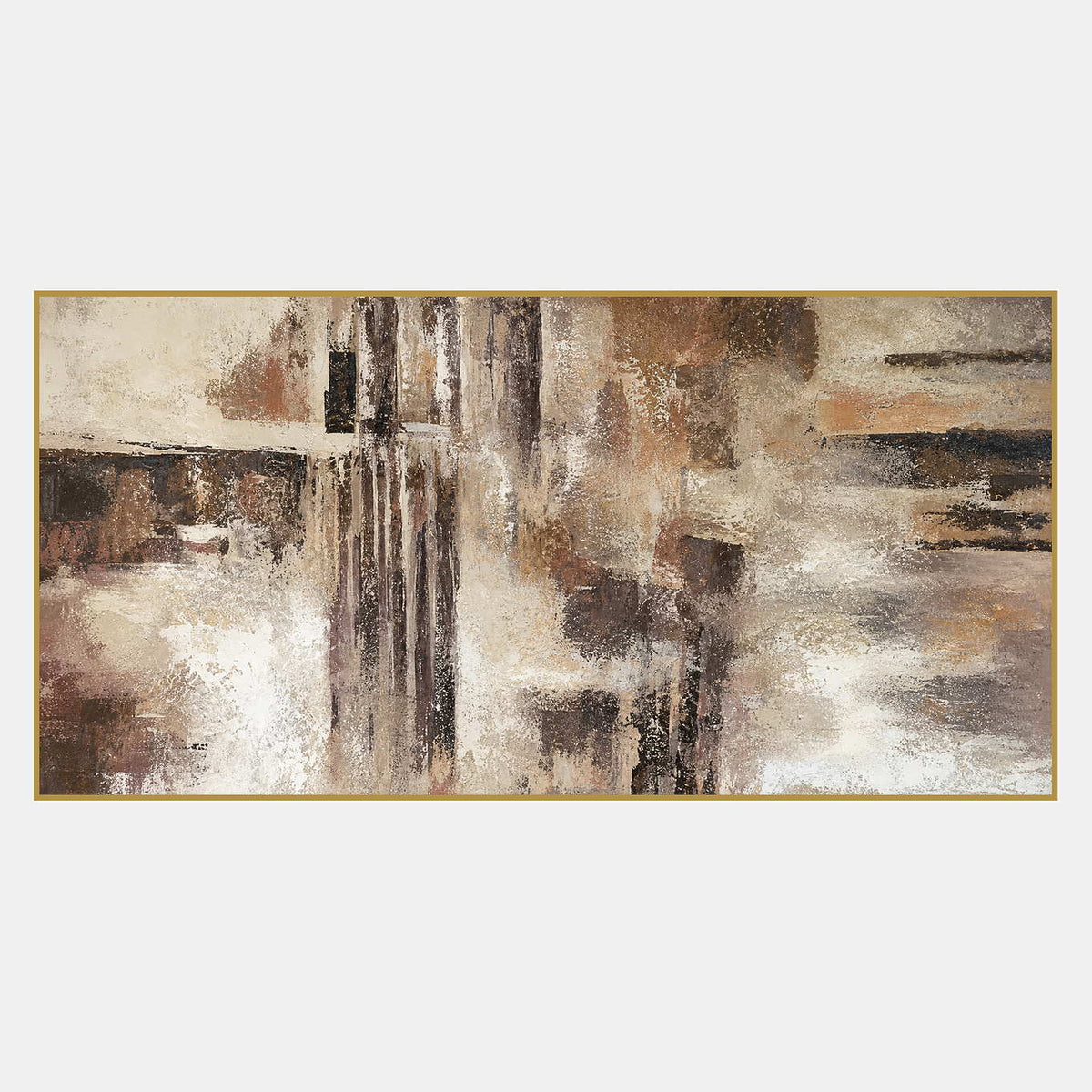 Hand-painted abstract wall art in ivory, taupe, umber, and charcoal.