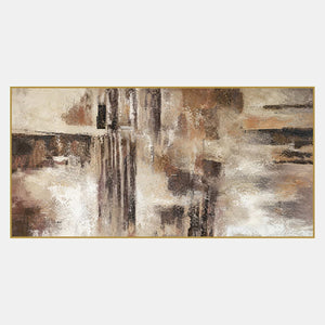 Hand-painted abstract wall art in ivory, taupe, umber, and charcoal.