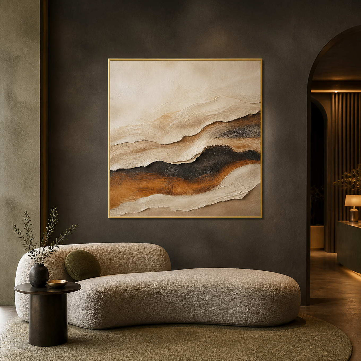 Textured abstract wall art displayed in a refined boutique hotel lounge.