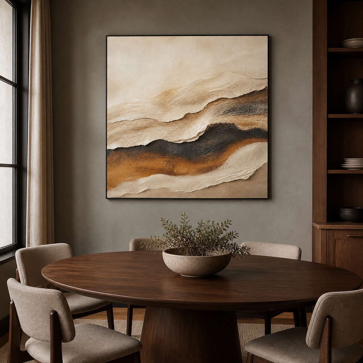 Textured abstract wall art displayed in a dark walnut dining room.