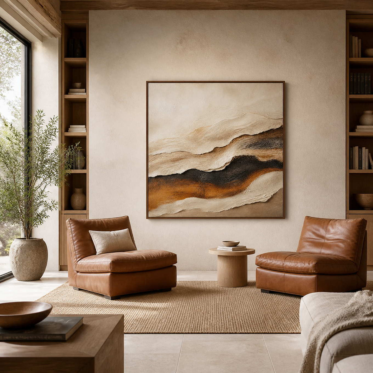 Textured abstract wall art displayed in a natural stone-and-wood reading room.