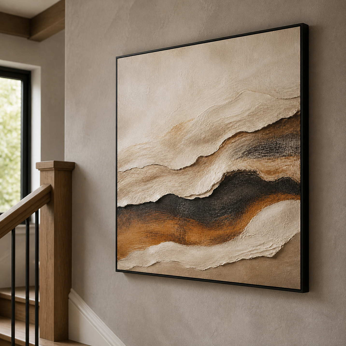 Textured abstract wall art shown from the side on a warm gray stair landing.