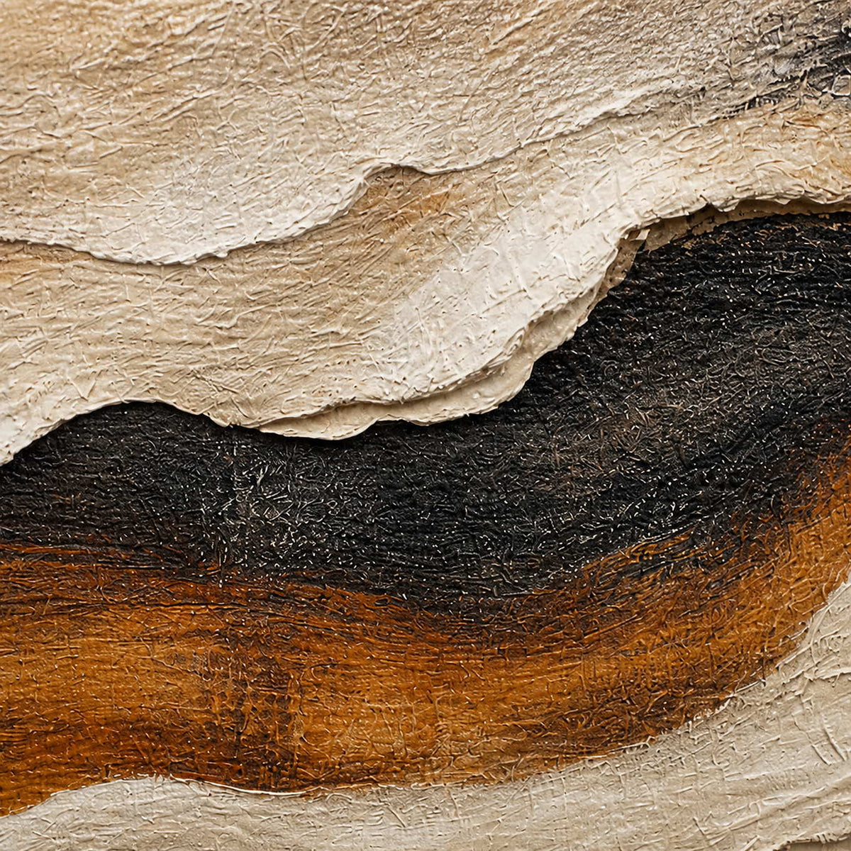 Close-up of raised hand-painted texture in cream, black, and burnt sienna.