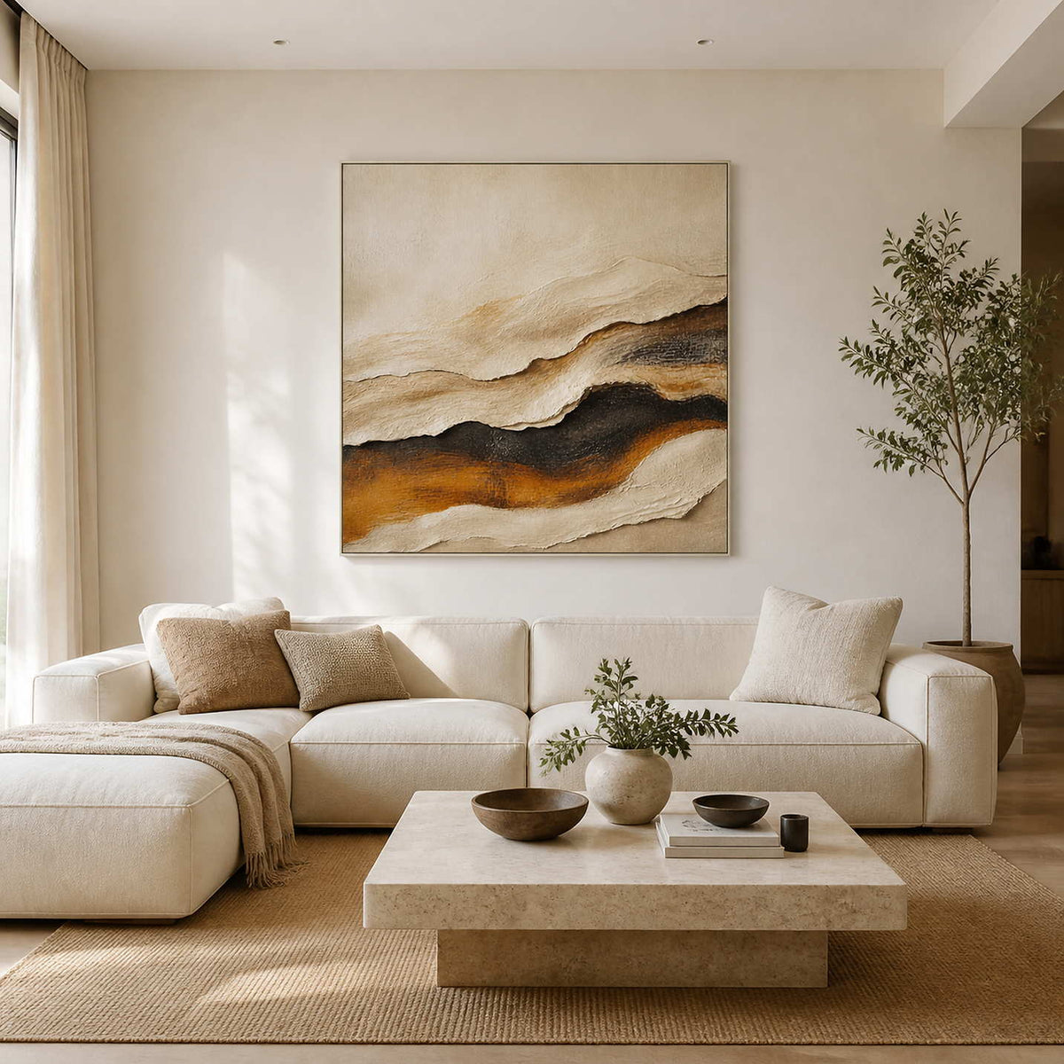 Textured abstract wall art displayed in a warm modern living room.