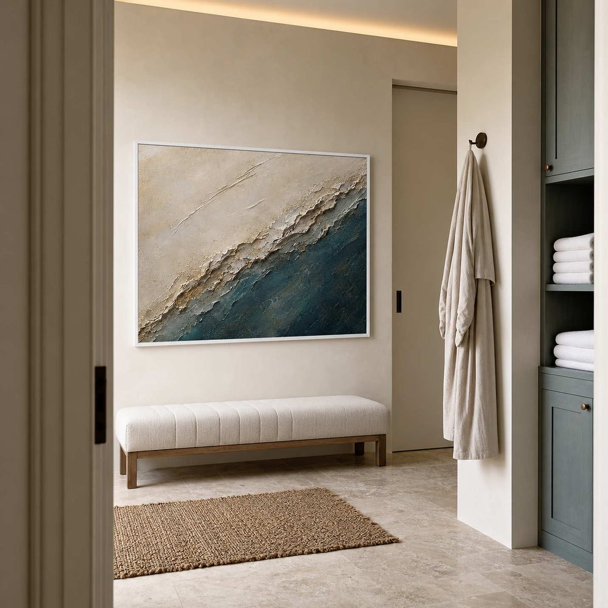 Textured Coastal Wall Art displayed in a refined bathroom.