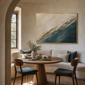 Textured Coastal Wall Art displayed in a refined dining room.
