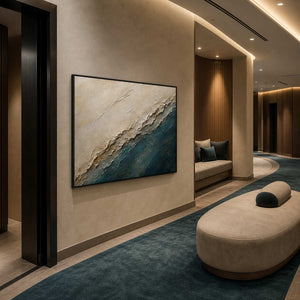 Textured Coastal Wall Art displayed in a refined hospitality lounge.