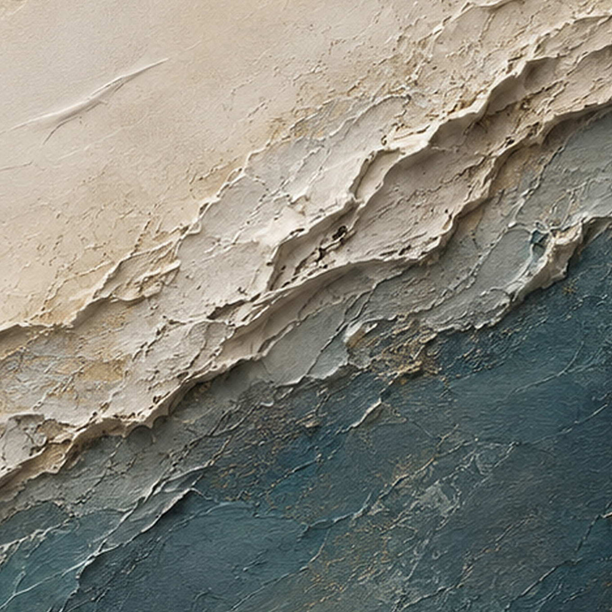 Close-up of raised hand-painted texture in blue, white, and earth tones.