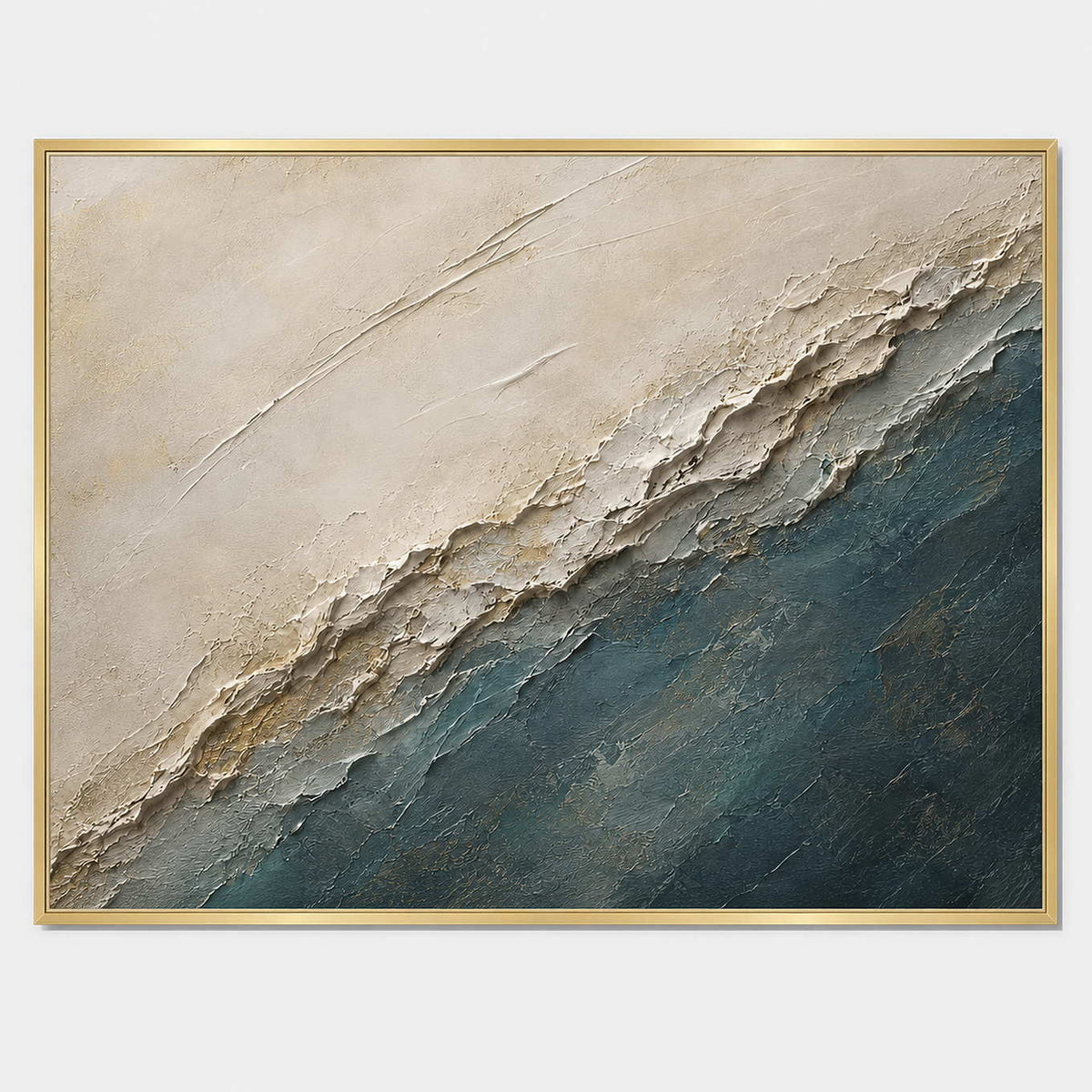 Hand-painted textured coastal wall art with blue, white, and earth tones tones.