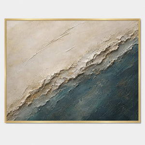 Hand-painted textured coastal wall art with blue, white, and earth tones tones.