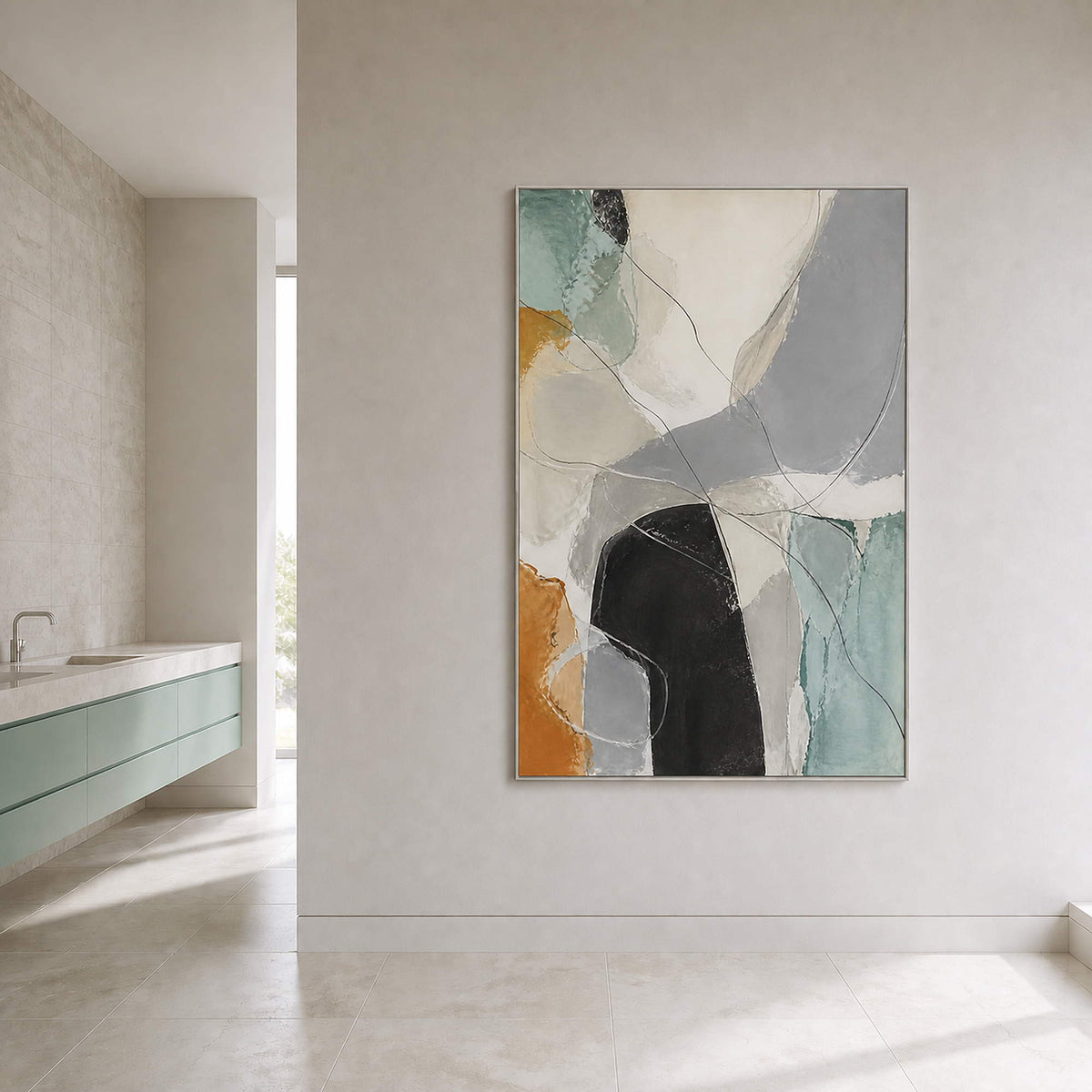 Soft neutral abstract artwork in a bright contemporary bathroom.
