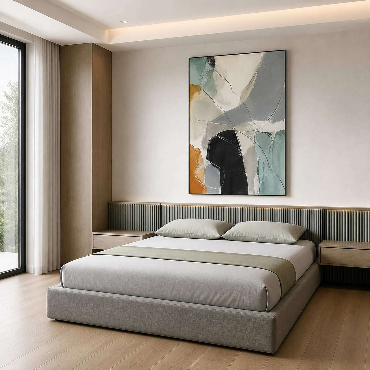 Calm neutral and sage canvas displayed above a modern bed.
