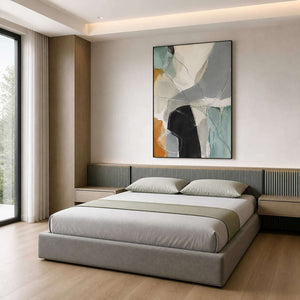 Calm neutral and sage canvas displayed above a modern bed.