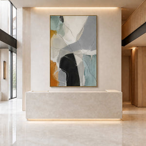 Large vertical abstract canvas in a sophisticated commercial lobby.