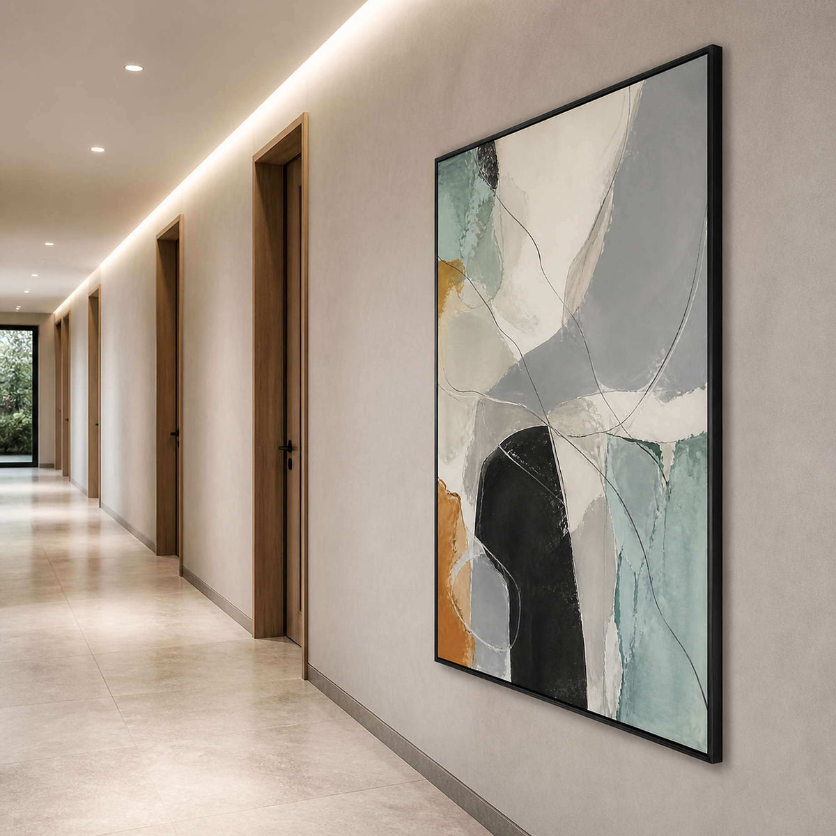 Ivory, sage, and charcoal abstract art along a quiet modern hallway.