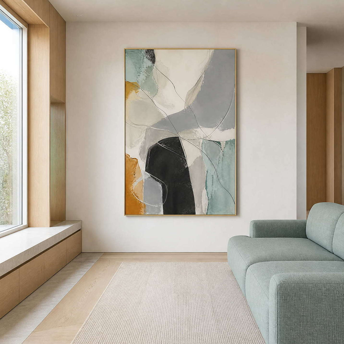 Neutral textured abstract wall art in a light sage modern living room.