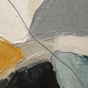 Close-up of layered ivory, grey, ochre, and sage brush texture.