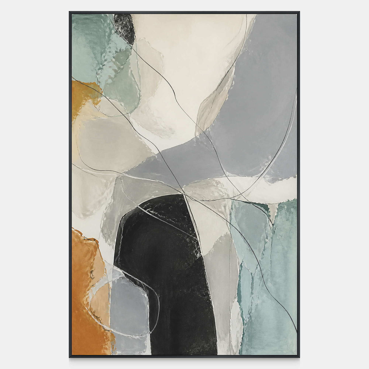 Hand-painted vertical abstract artwork in ivory, grey, sage, charcoal, and ochre.