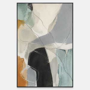 Hand-painted vertical abstract artwork in ivory, grey, sage, charcoal, and ochre.