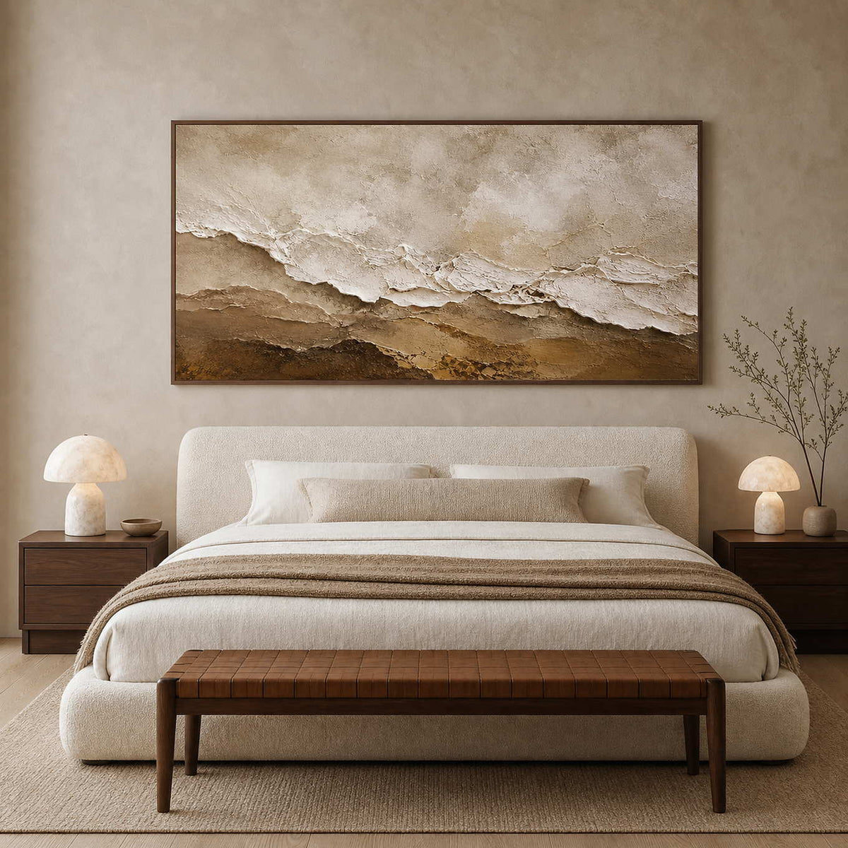 Wabi-Sabi neutral wall art above an ivory and walnut bedroom.