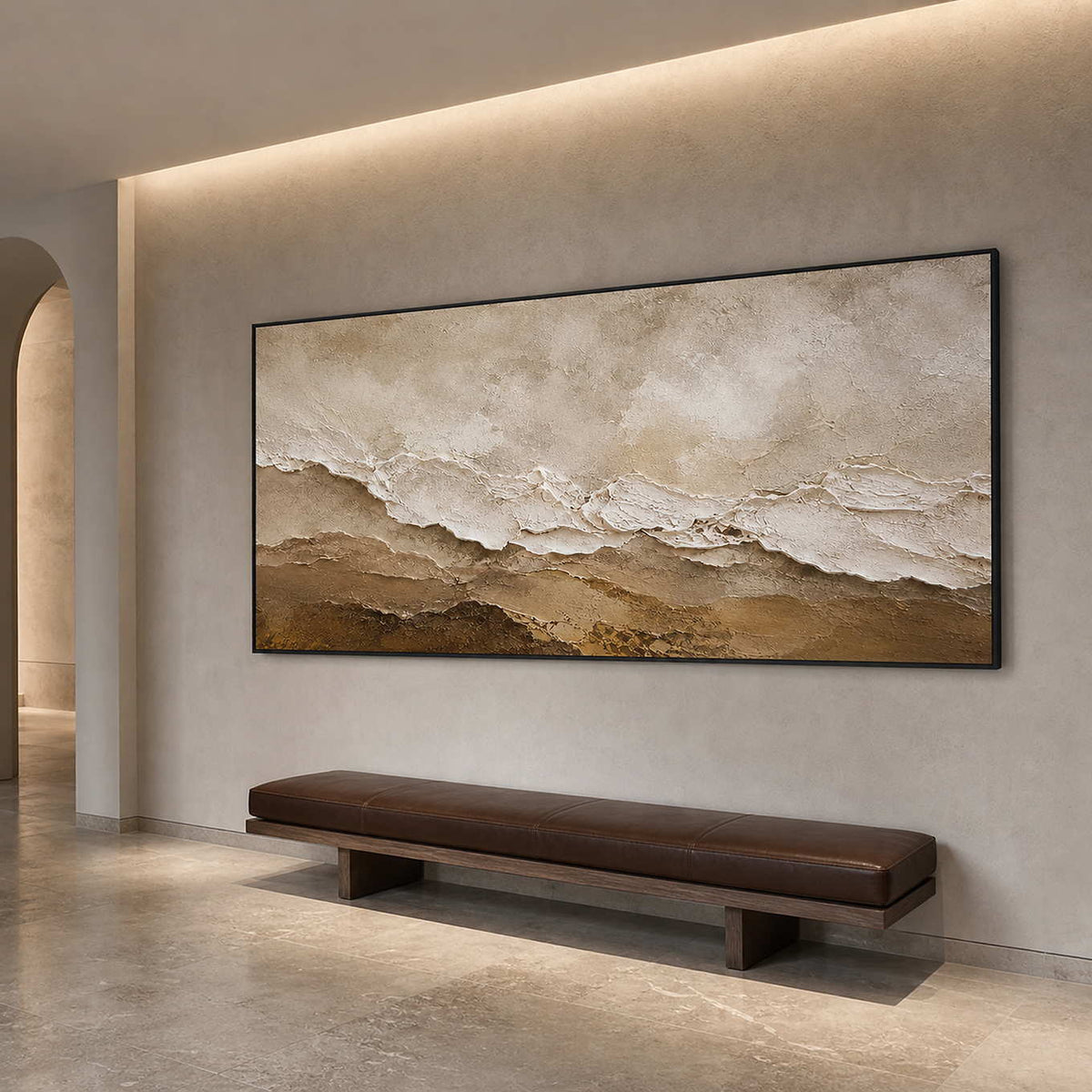 Large neutral abstract painting in a warm gray hotel gallery corridor.