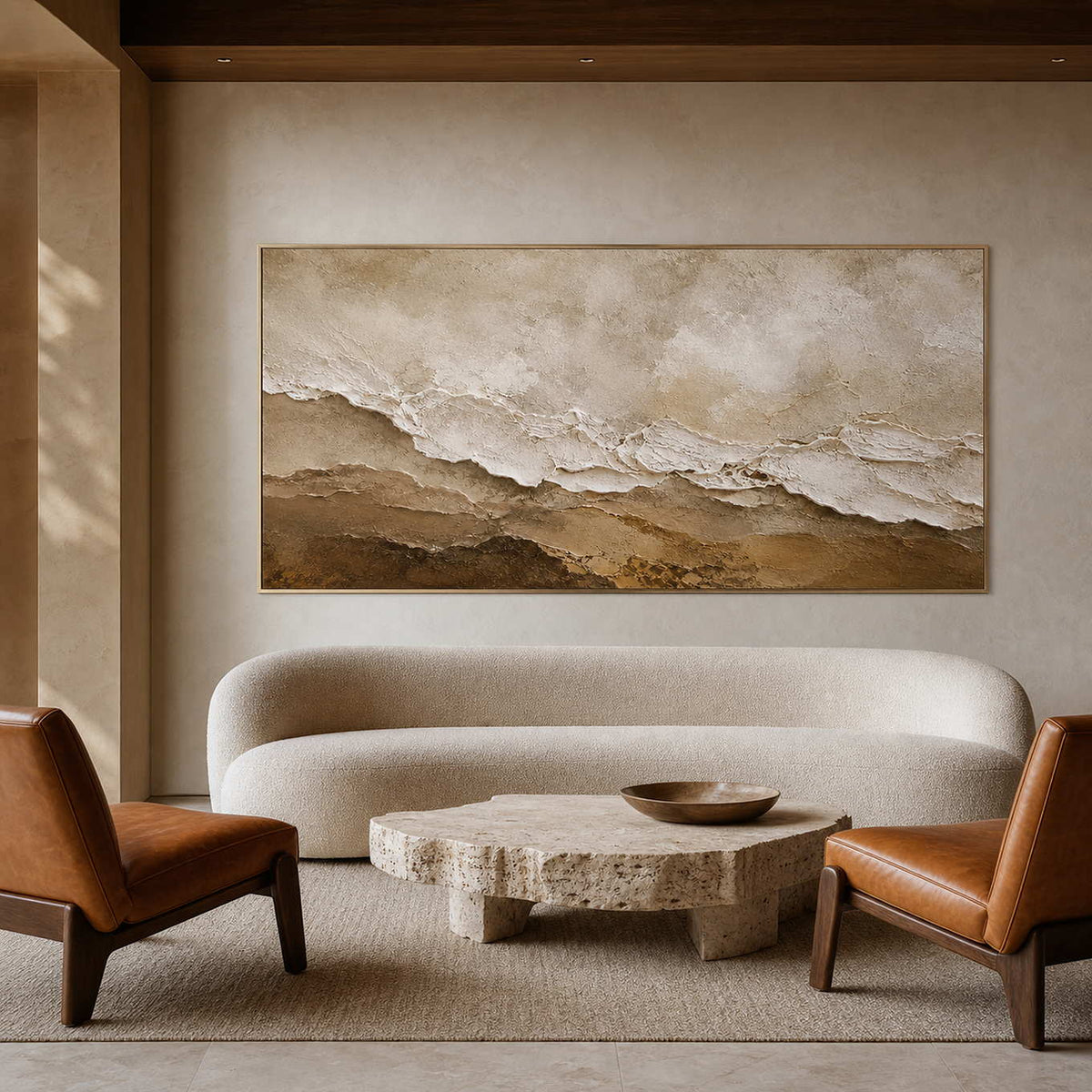 Earth-tone textured wall art in a refined boutique hotel lobby.