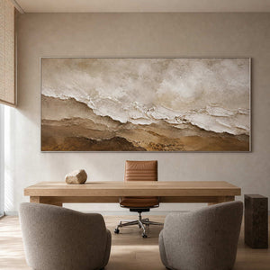 Panoramic neutral textured art in a minimalist architecture office.