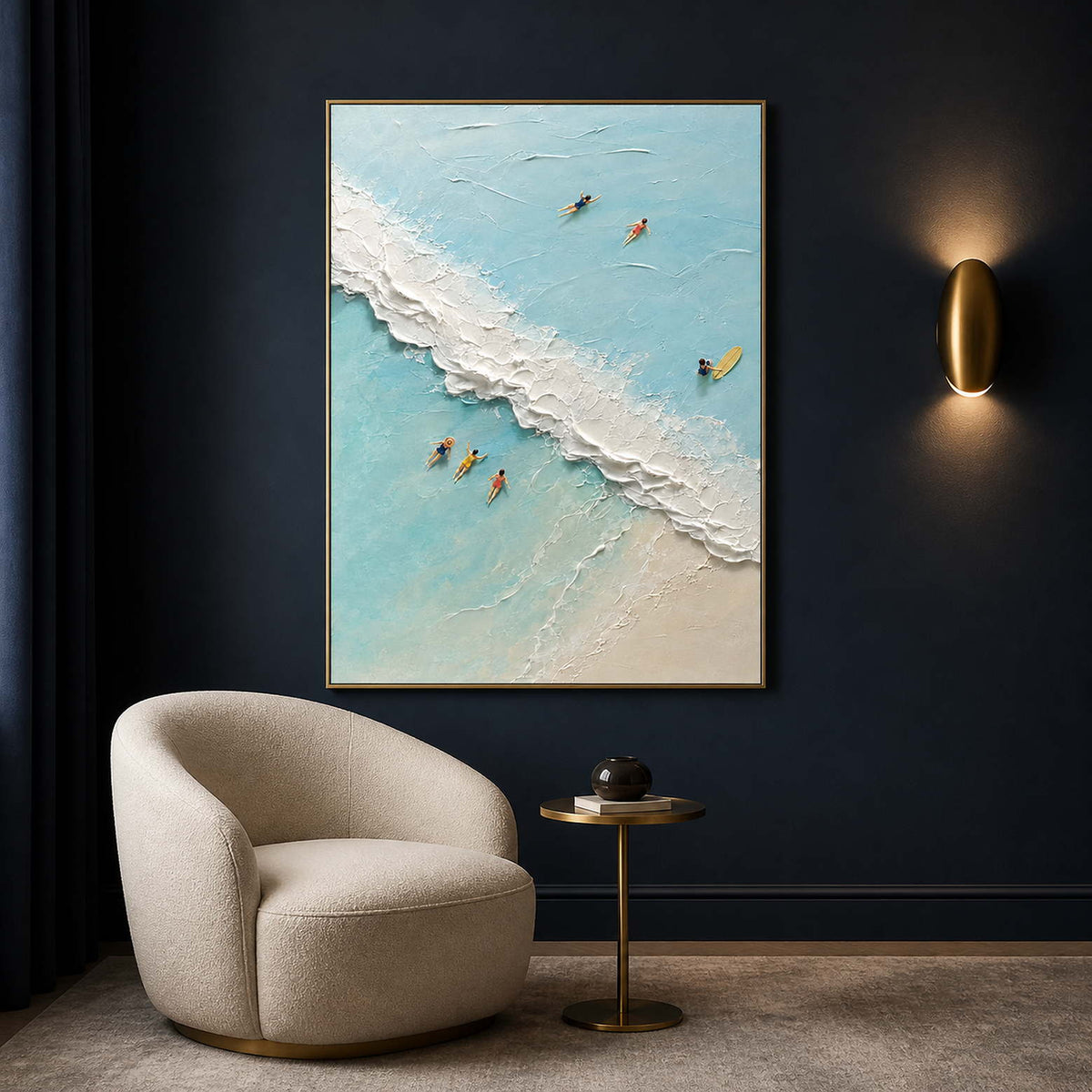 Bright coastal swimmers wall art displayed in a deep navy boutique lounge.