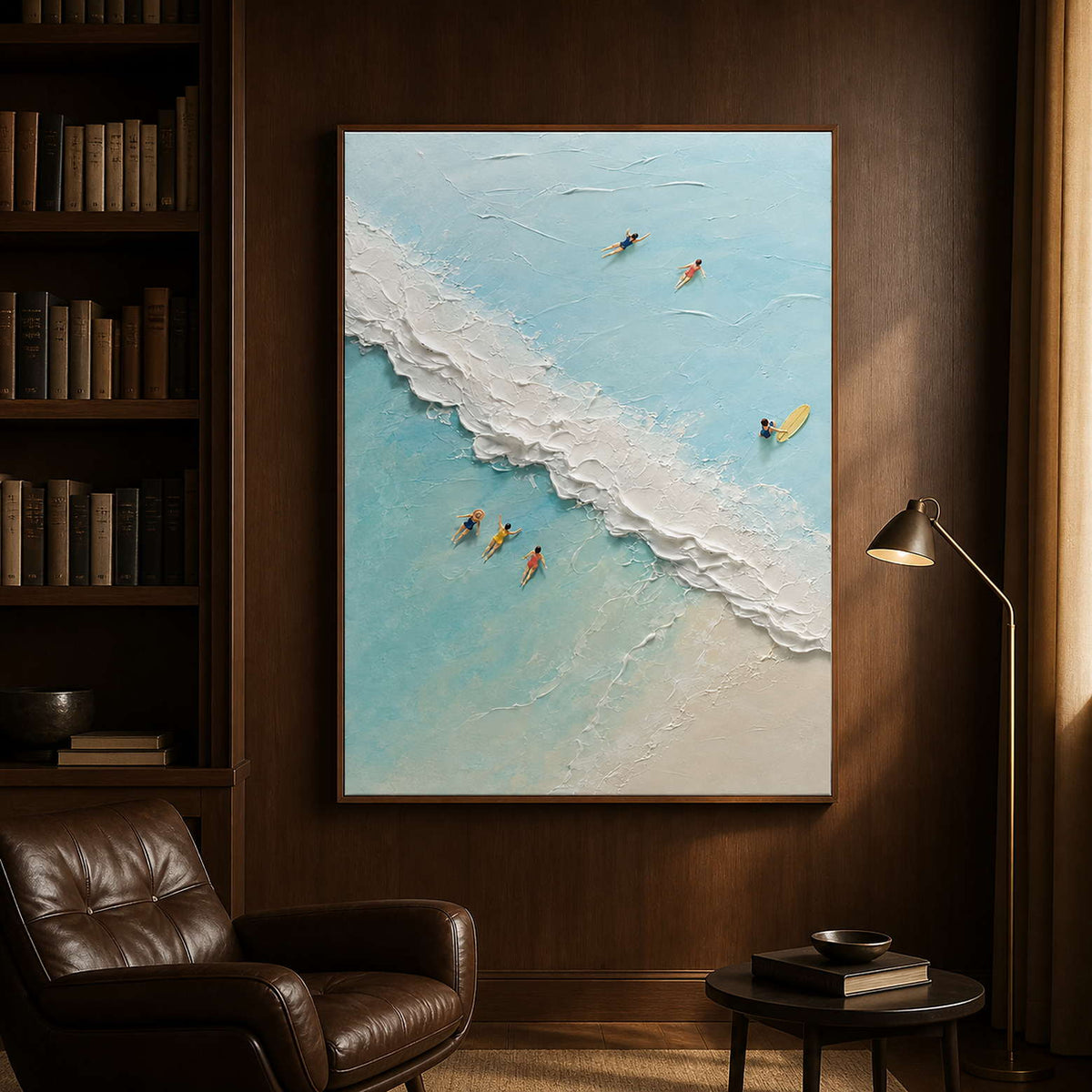 Textured coastal swimmers artwork displayed in a walnut collector reading room.