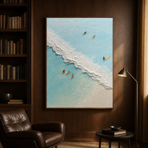 Textured coastal swimmers artwork displayed in a walnut collector reading room.