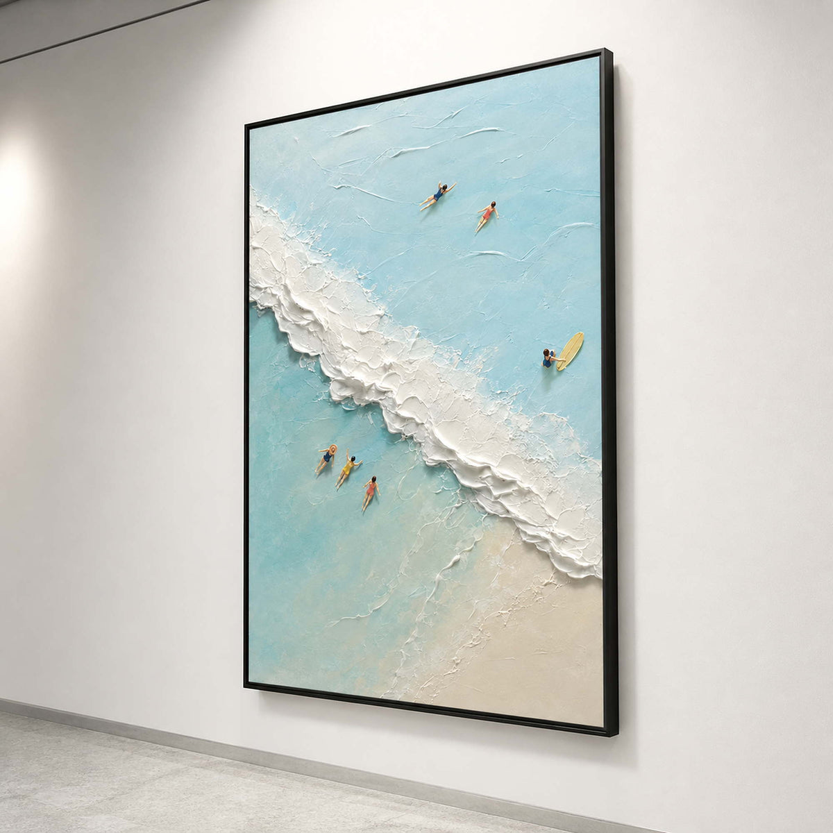Aerial coastal artwork shown from the side on a white gallery wall.