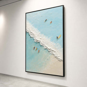 Aerial coastal artwork shown from the side on a white gallery wall.