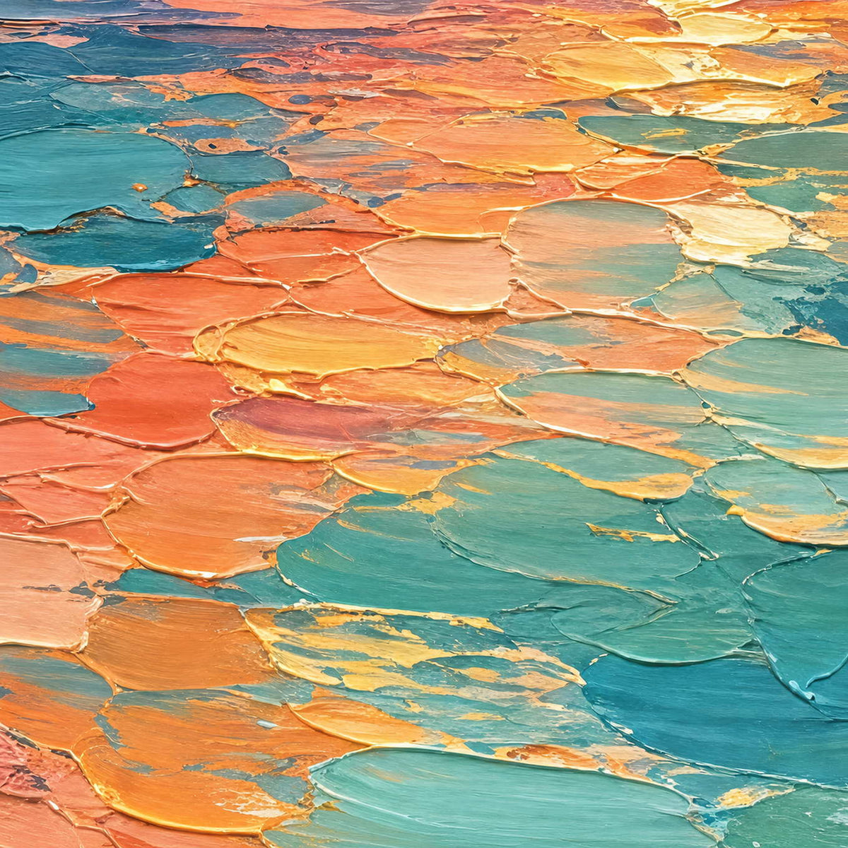 Close-up of raised hand-painted texture in blue, warm tones, and pink & blush.