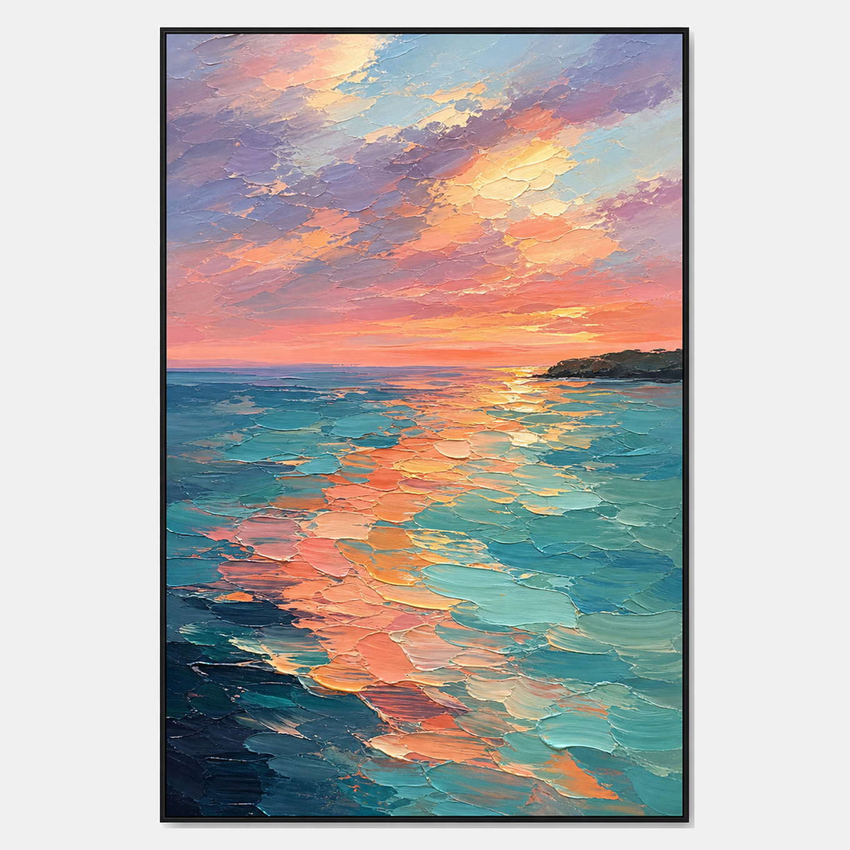 Hand-painted textured coastal wall art with blue, warm tones, and pink & blush tones.