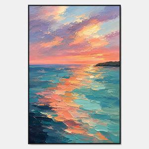 Hand-painted textured coastal wall art with blue, warm tones, and pink & blush tones.