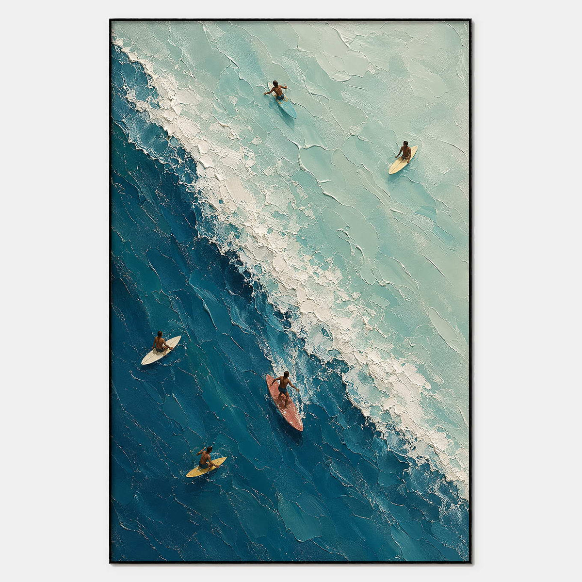 Hand-painted textured coastal wall art in blue, white, and neutral.