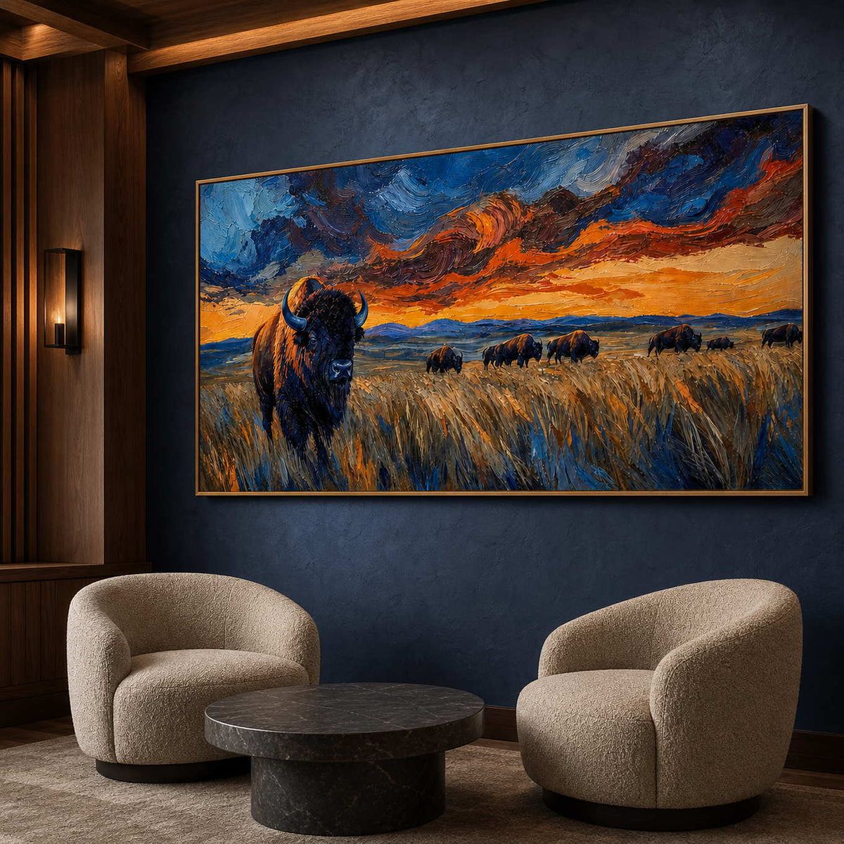 Panoramic bison wall art in an elegant hotel lounge.