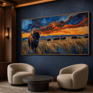 Panoramic bison wall art in an elegant hotel lounge.