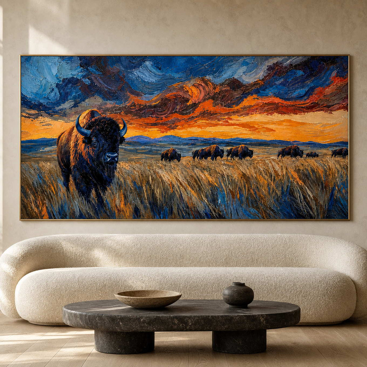 Textured bison wall art above a curved neutral living room sofa.