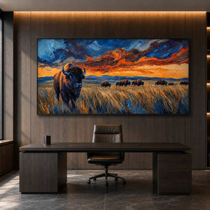 Bold buffalo wall art in a dark modern executive office.