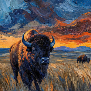 Close-up of layered palette-knife strokes across bison, grass, and sky.