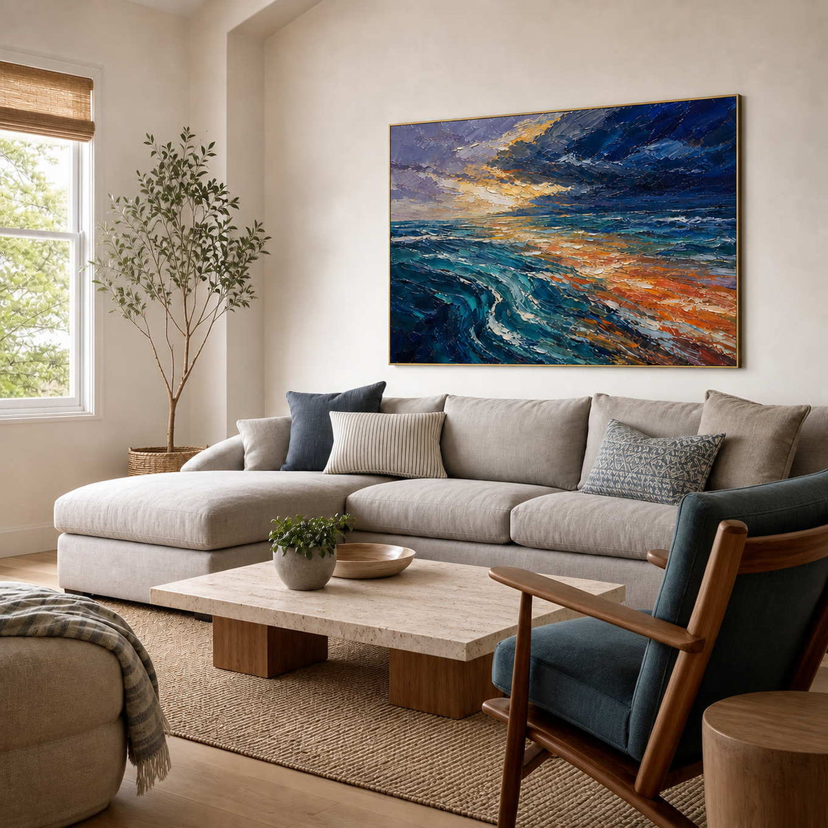 Blue and orange textured ocean wall art displayed in a coastal modern living room.