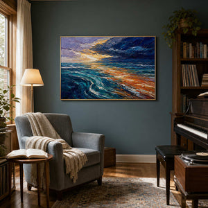 Turquoise ocean wall art displayed in a home music and reading room.