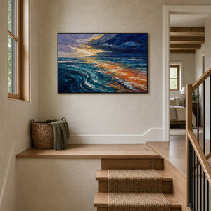 Horizontal textured seascape displayed on a residential stair landing.