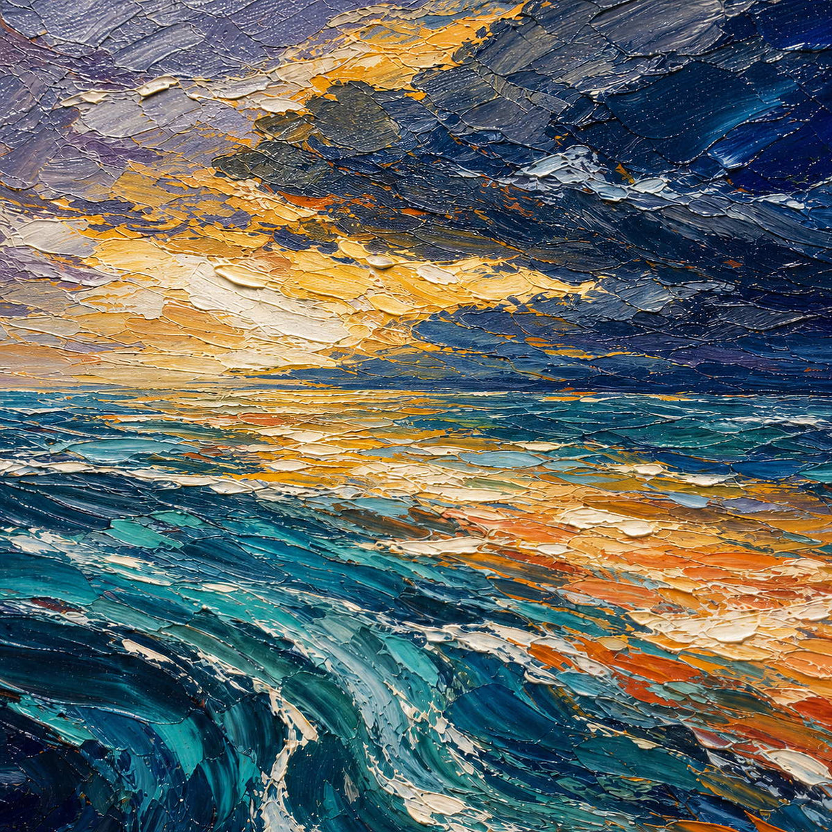 Close-up of thick turquoise, navy, gold, orange, and lavender palette-knife texture.
